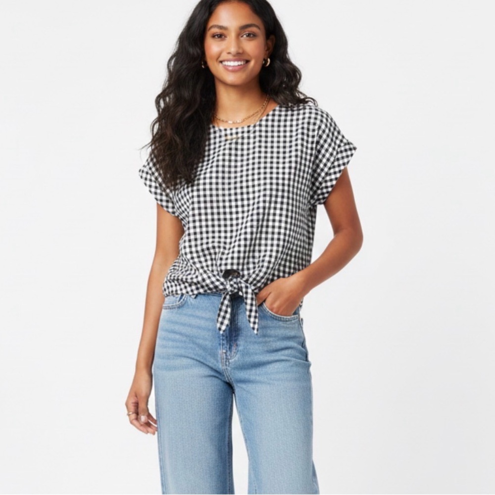 Cottagecore Black White Gingham Tie Front Keyhole Summer Blouse XL Picniccore
